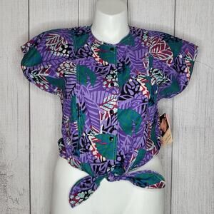 Vintage 90s Jaclyn Smith Boxy Fit Tropical Print Tie Front Blouse, size 10